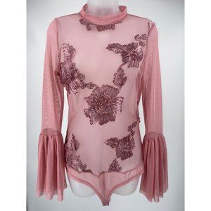 Hot Monde Sheer Dusty Rose Floral Bodysuit Size Medium